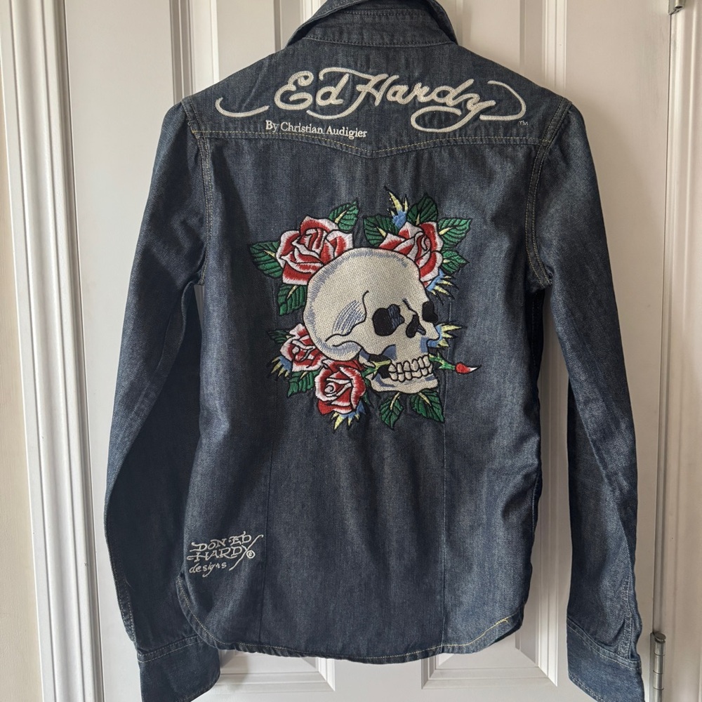 Ed Hardy Skull Embroid Dark Blue Denim Jacket Size XS